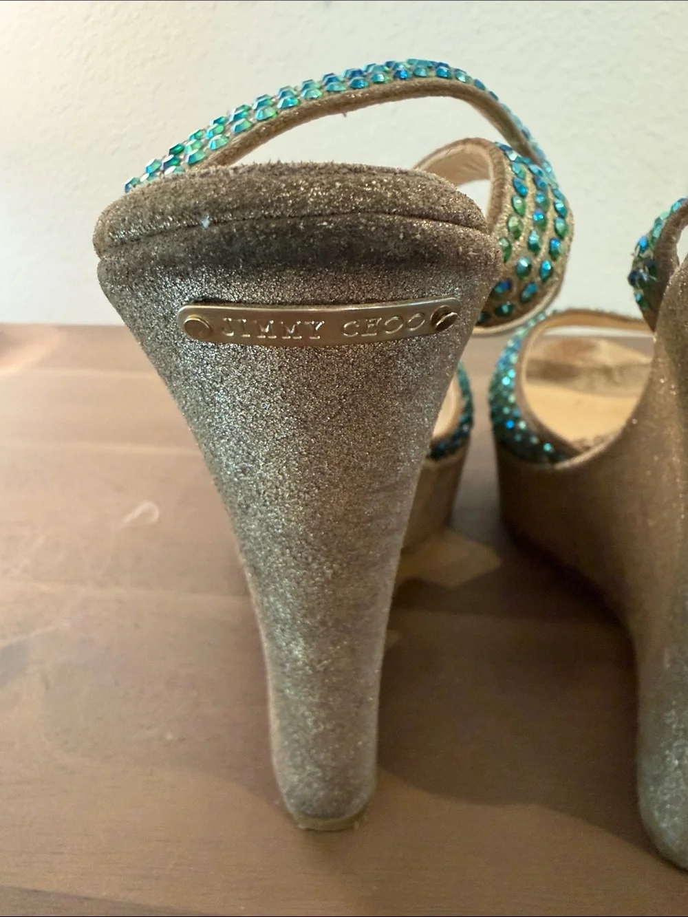 Jimmy Choo Gold Heeled Sandals with Aqua Crystal Accents VINTAGE